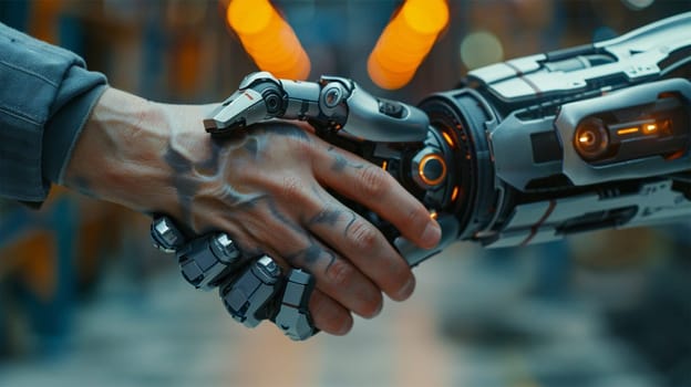 A human hand with drawings on it, shaking hands with a robot, the concept of integrating technology and humanity
