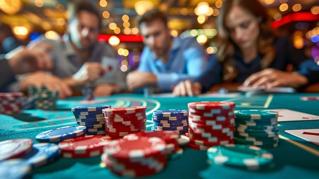 Chips and cards on table with blurred background of group of people in bright atmosphere.