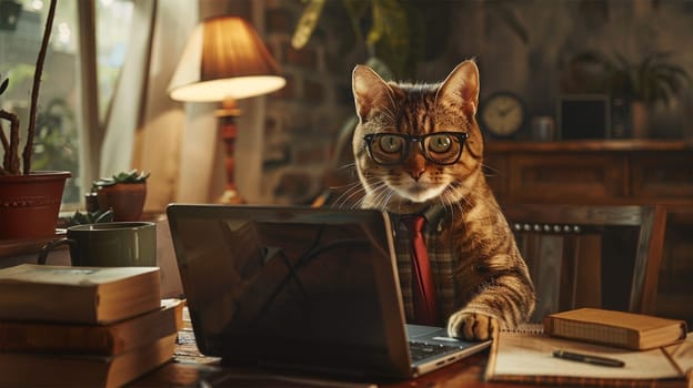 A cat in glasses and tie sitting at a table with a laptop, creating a humorous and professional scene