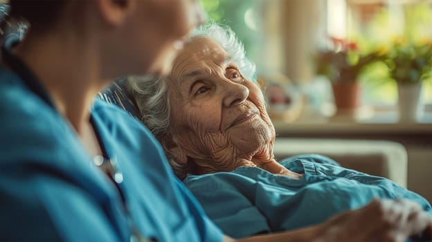 Elderly person receiving care from compassionate nurse in well-lit room of nursing home, with focus on comfort and professionalism