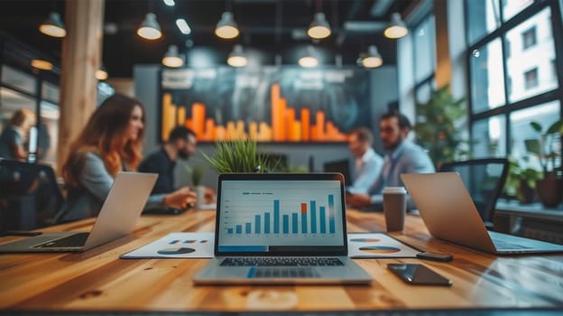 Modern office setting with focus on a laptop displaying data analytics while the team discusses something in the background.
