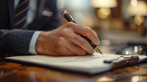 Close-up of the hand of a man in a suit writing in a notebook with a fountain pen, the concept of professionalism and concentration.