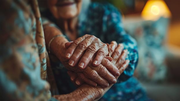 Close-up of seniors holding hands, symbolizing care, support, and affection in a cozy setting. Concept of support and human connection.