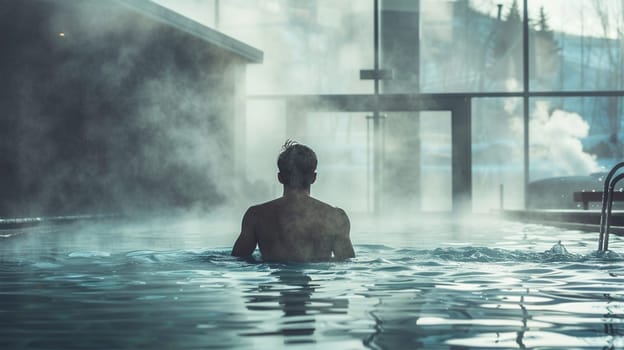 A man in an indoor thermal pool with large windows creating a serene and peaceful atmosphere.