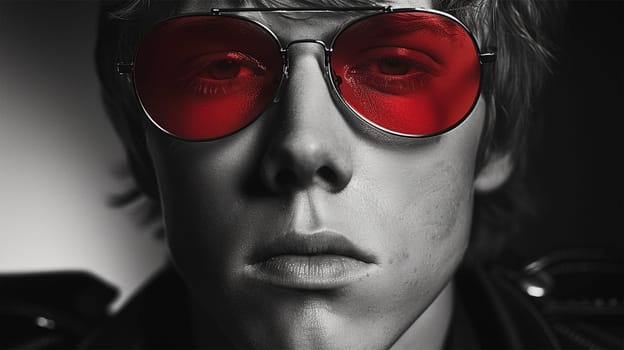Dramatic close-up of a man wearing red-tinted sunglasses in a black-and-white portrait