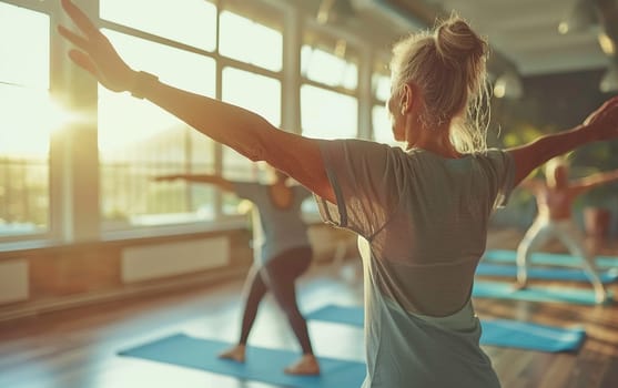 Senior woman doing yoga in sunny studio, focusing on her balance and flexibility, healthy aging and wellness concept