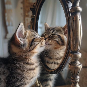 An adorable image of a kitten nuzzling its reflection in an ornate antique mirror, evoking feelings of innocence and curiosity