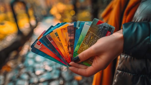 Close-up of hand holding multiple colorful credit cards outdoors. Concept of consumerism, finance and spending.