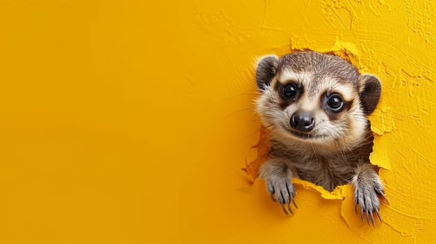 A cute meerkat pokes its head through a hole in a bright yellow wall, creating a playful and cheerful image.copy space