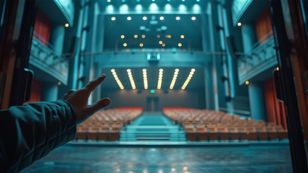 Hand reaching out to an empty, well-lit theater stage, highlighting a moment of anticipation or contemplation.