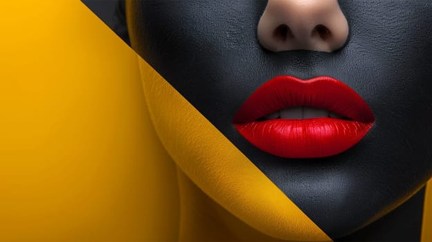 fashion portrait, Close-up of vibrant red lips against a geometric yellow and black background, creating a sharp and modern visual.
