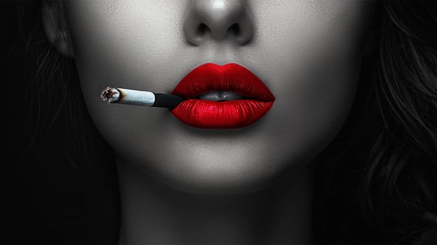 Close-up of a woman's red lips holding a lit cigarette, with the rest of the image in grayscale, creating a striking contrast. banner, poster