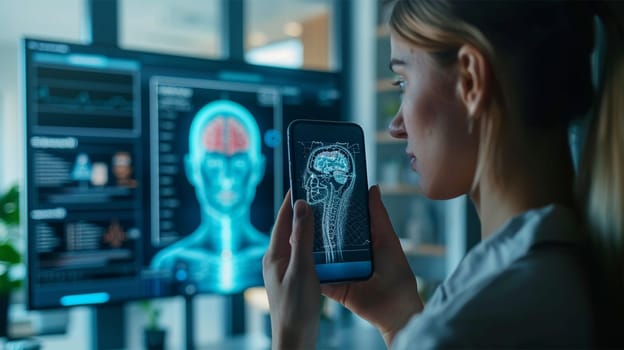 A focused female doctor examines a brain scan on her smartphone, with a detailed display on a large screen in the background, highlighting advanced medical technology.