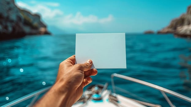 A hand holding a blank card while on a boat, with the ocean and cliffs visible in the background, offering copy space.