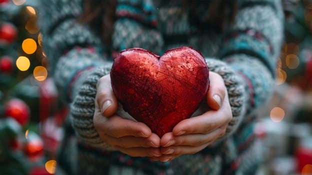 Close-up of hands holding a shiny red heart ornament, with a cozy sweater and festive lights in the background, symbolizing love and giving during the holiday season.