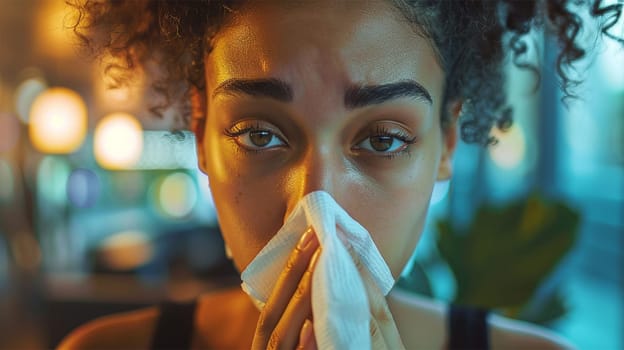 Close-up of woman with curly hair pressing napkin to nose, looking tired, suffering from fever or flu. Blurred lights in background.health and wellness concept, and illness and allergy related themes
