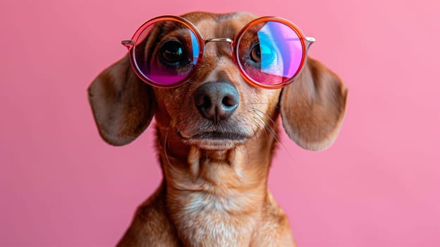 Dachshund dog looking straight at the camera wearing stylish round glasses on bright pink background,copy space