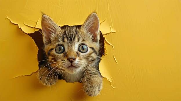 Adorable tabby kitten with wide eyes peeking through a hole in a yellow wall, displaying curiosity and playfulness.