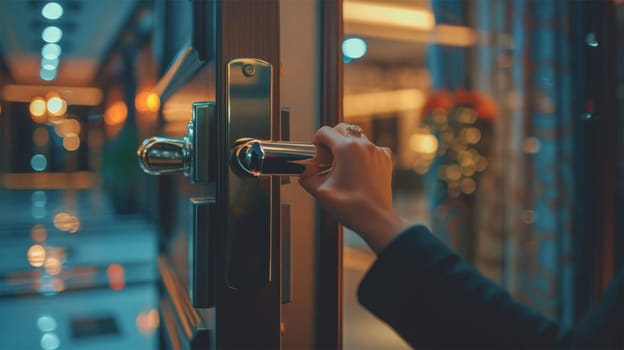 Hand turning doorknob to open door in luxurious hallway illuminated by warm, ambient light.