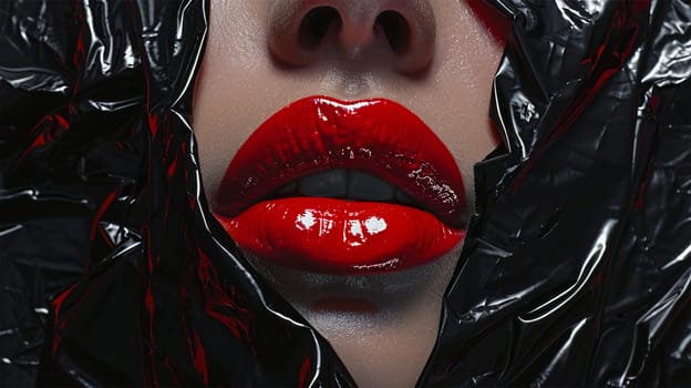 Close up of glossy red lips coming out of a black plastic sheet creating a dramatic and bold fashion look.