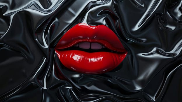 red lips on a face covered in shiny black plastic