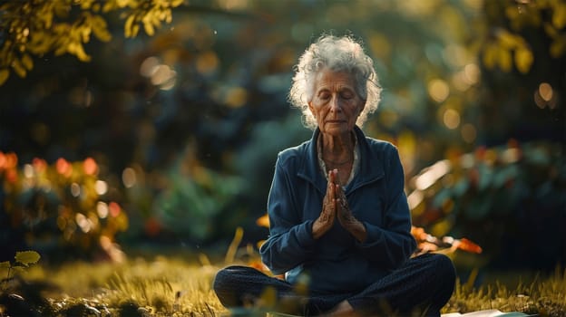 An elderly person practicing yoga in a quiet garden, demonstrating the vitality and benefits of an active lifestyle in adulthood.