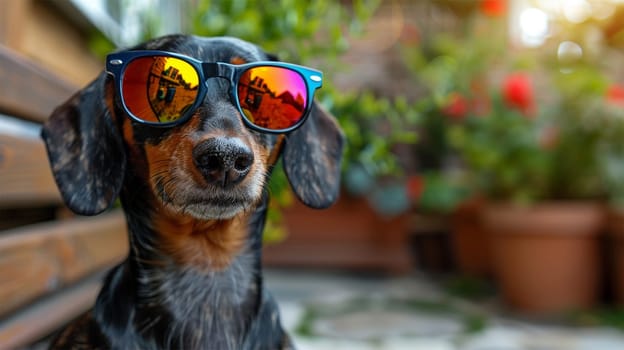 Dachshund wearing reflective sunglasses sitting outdoors against blurred garden background , a cool and casual atmosphere.