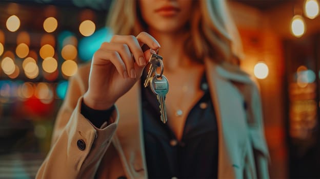 Woman in beige coat holding keys prominently in dimly lit stylish setting with bokeh effect in the background
