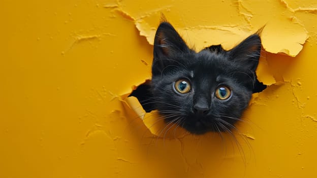 A curious black cat pokes its head through a hole in a bright yellow wall, creating a playful and eye-catching image.copy space