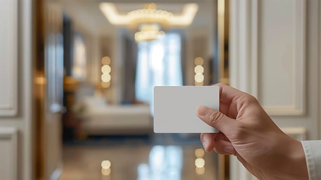 Hand holding blank white card in luxury hotel room with soft lighting and elegant decor in the background.
