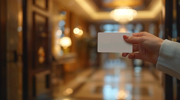 Close-up of hand holding key card in luxury hotel lobby, with warm lighting and elegant decor against blurred background.