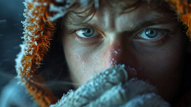 Close-up of a man with icy blue eyes, dressed in winter clothes, with frost on his face emphasizing the extreme cold