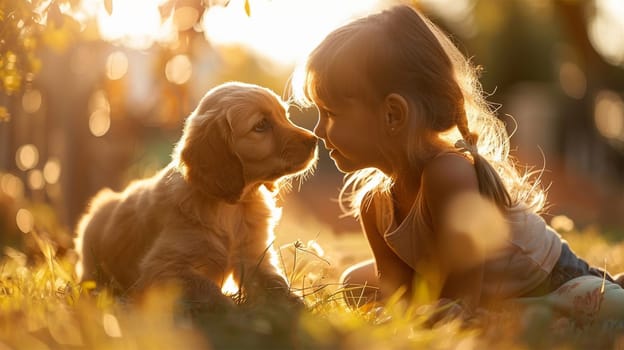 A touching scene of a young girl and a puppy touching noses as they bathe in the soft golden light of the evening sun. innocence and affection.