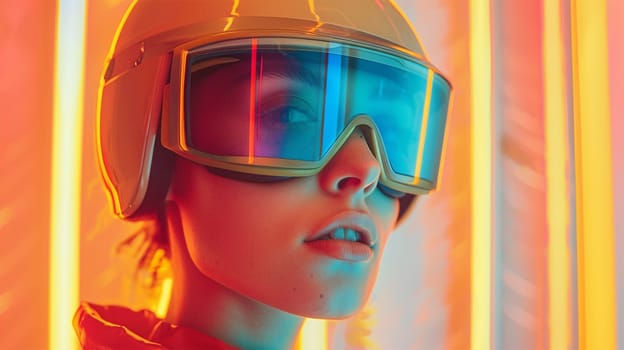 Close-up of a woman wearing reflective sunglasses and a helmet against neon lights. High-tech, futuristic atmosphere with an emphasis on bright colors.
