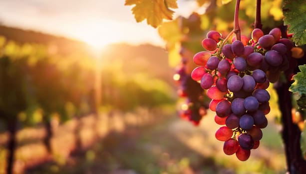 Red grape ripening in the sun rays on a vineyard. Soft sunset light with view to the vine fields in the background