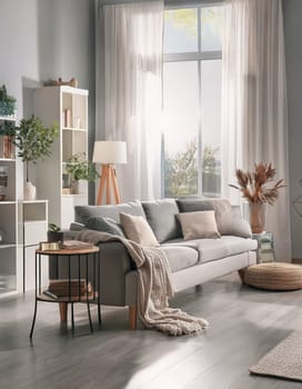 Modern room, beautiful white and grey interior design combination. Contemporary living room stylish interior
