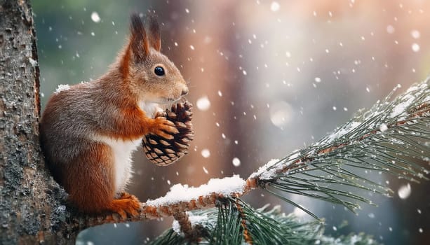 Cute squirrel on a fir tree holding a coniferous cone in a snowy winter morning. Cold season wildlife scene