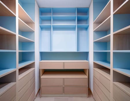Empty closet shelves background. Modern wooden wardrobe boxes, beautiful blue interior design combination, abstract shape and patterns