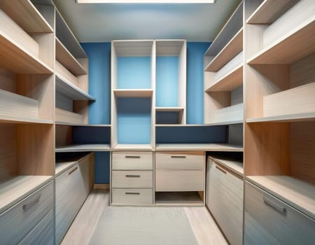 Empty closet shelves background. Modern wooden wardrobe boxes, beautiful blue interior design combination, abstract shape and patterns