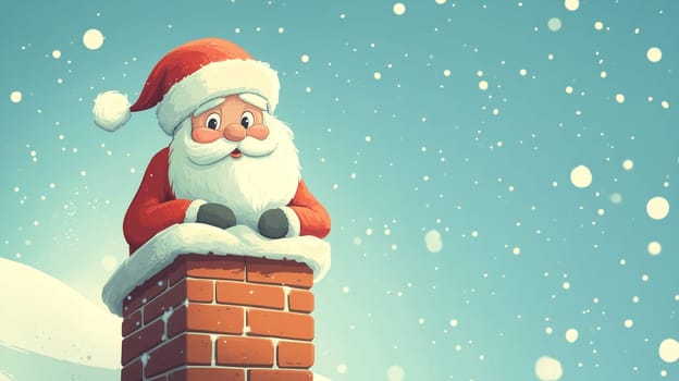Santa Claus stucks in the chimney at christmas eve, winter holiday season, xmas greeting card, snowflakes