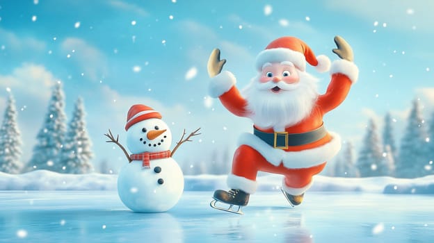 Santa Claus is iceskating with snowman on the frozen lake, winter holiday season, christmas greeting card