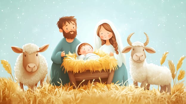 Birth of Jesus Christ in Bethlehem, Mary and Joseph sitting next to the manger, religion and faith of christianity, bibical story of Christmas