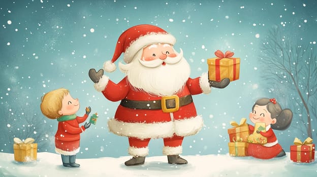 Happy smiling Santa Claus gives gift box to children, snowflakes, winter holiday season, christmas greeting card