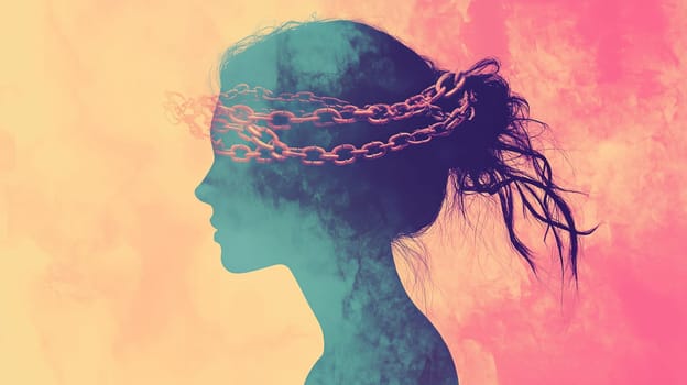 Domestic violence, face of abused woman with chain, international awareness month october for victims and survivors