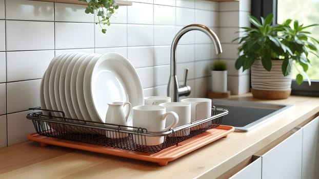 Budget and lightweight antimicrobial dish drainer with drain board at modern scandinavian kitchen. Dish rack holds many dishes and cups against wooden countertop, white wall tiles, sink and faucet