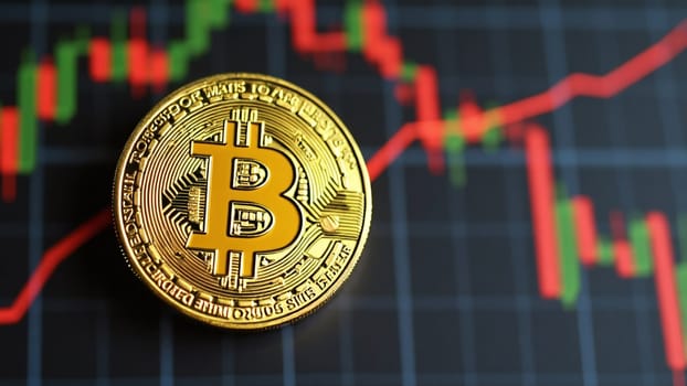 Concept of cryptocurrency trading on stock market and blockchain technology. Closeup golden coin with bitcoin logo, graphs and symbols. Decentralized digital currency. Crypto payment. Electronic money