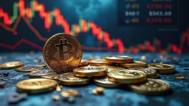Concept of cryptocurrency trading on stock market and blockchain technology. Closeup golden coin with bitcoin logo, graphs and symbols. Decentralized digital currency. Crypto payment. Electronic money