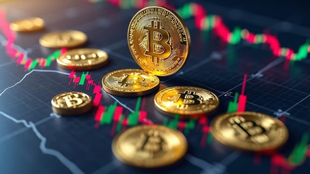 Concept of cryptocurrency trading on stock market and blockchain technology. Closeup golden coin with bitcoin logo, graphs and symbols. Decentralized digital currency. Crypto payment. Electronic money
