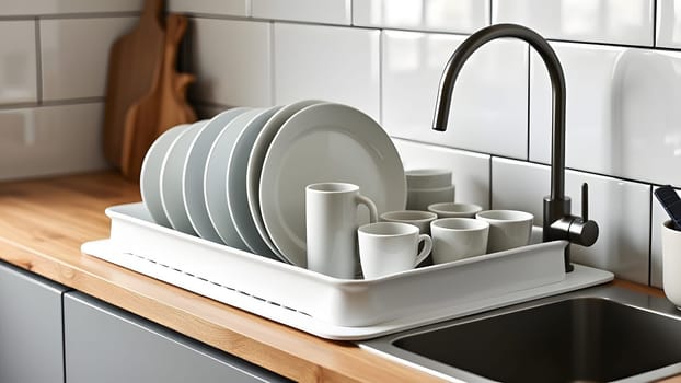 Budget and lightweight antimicrobial dish drainer with drain board at modern scandinavian kitchen. Dish rack holds many dishes and cups against wooden countertop, white wall tiles, sink and faucet