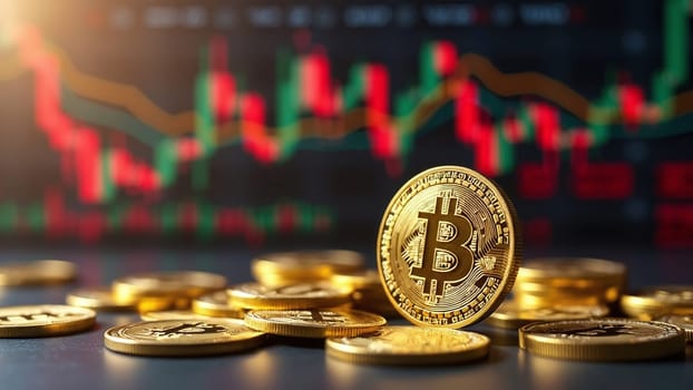 Concept of cryptocurrency trading on stock market and blockchain technology. Closeup golden coin with bitcoin logo, graphs and symbols. Decentralized digital currency. Crypto payment. Electronic money